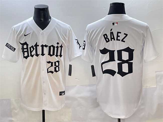 Mens Detroit Tigers #28 Javier Baez White Motor Gothic Edition Vapor Premier Limited Stitched Jersey